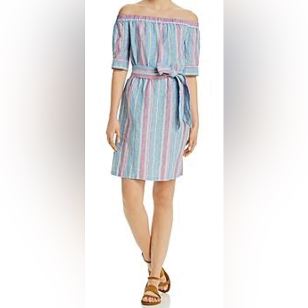 FRAME Women’s Off-Shoulder Striped Belted Linen Pastel Dress Size XS - Picture 1 of 11